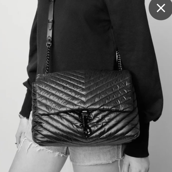 NWT - REBECCA MINKOFF - BLACK ON BLACK EDIE NYLON  PUFFY HANDBAG - Picture 1 of 7